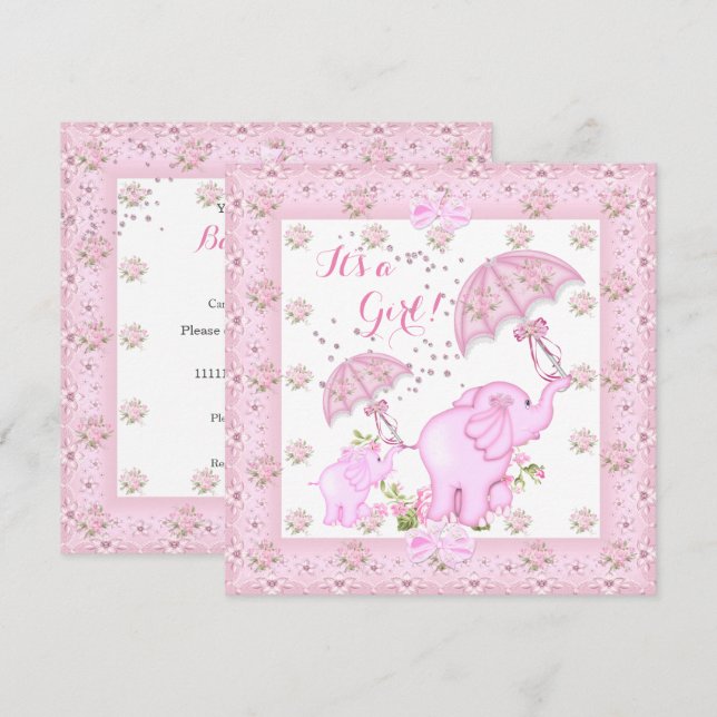 Convites Guarda-chuva Rosa Elefante Bebê Menina Chuvinha de (Frente/Verso)