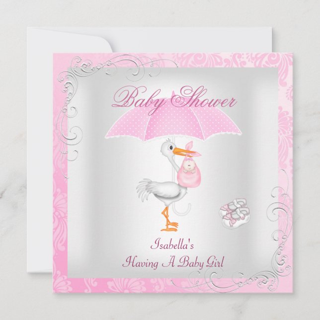 Convites Guarda-chuva Rosa para Chá de Bebê Menina Damask (Frente)