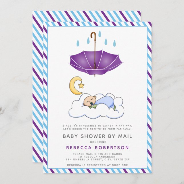 Convites Guarda-chuva roxa, chá de bebê dormindo pelo corre (Frente/Verso)