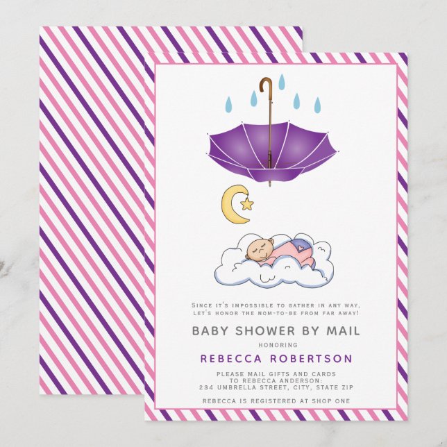 Convites Guarda-chuva roxa, chá de bebê dormindo pelo corre (Frente/Verso)