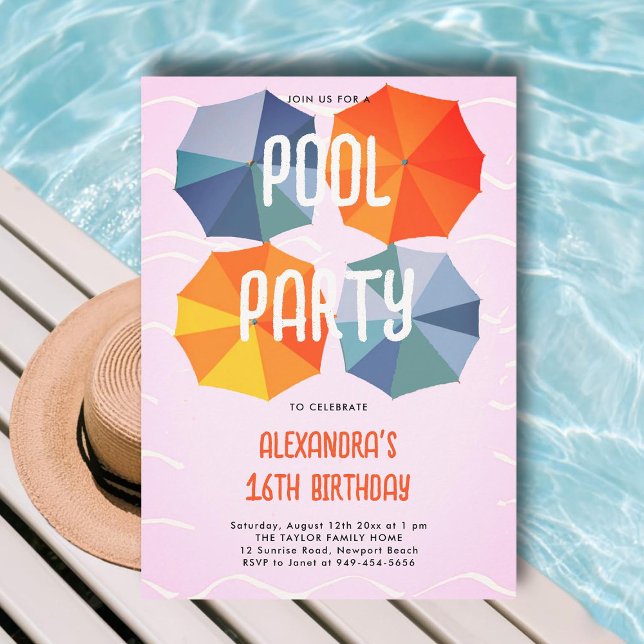Convites Guarda-chuvas Legal, Festa de aniversário, cor-de- (pink sweet 16 pool party invitations ideas modern umbrellas colorful pattern chic cute cool fun teen)