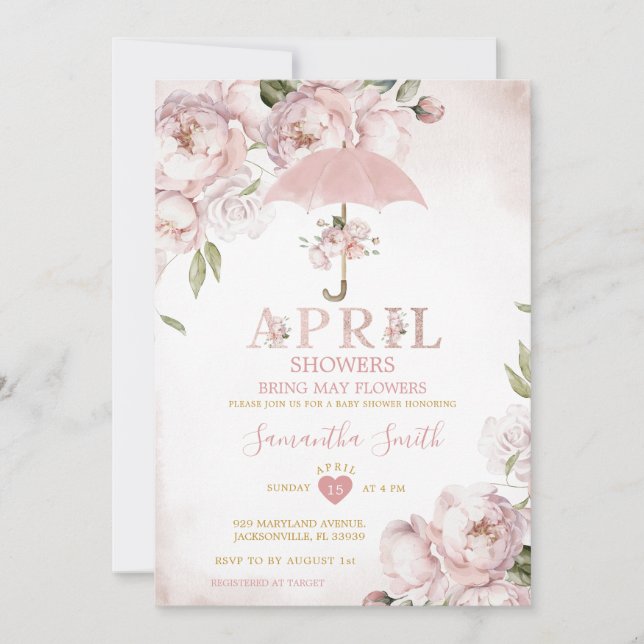 Convites Guarda-chuvas rosa Chás trazem flores de maio (Frente)