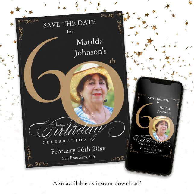 Convites Guardar a Data 60º Aniversário Dourado e Preto Per (Save The Date 60th Birthday Gold and Black Custom Invitation)