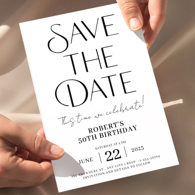 Convites Guardar a data de aniversário preto e branco 50 (Save the Date Birthday Invitation, Minimal Black and White Invite, Modern Typography Birthday Invita)