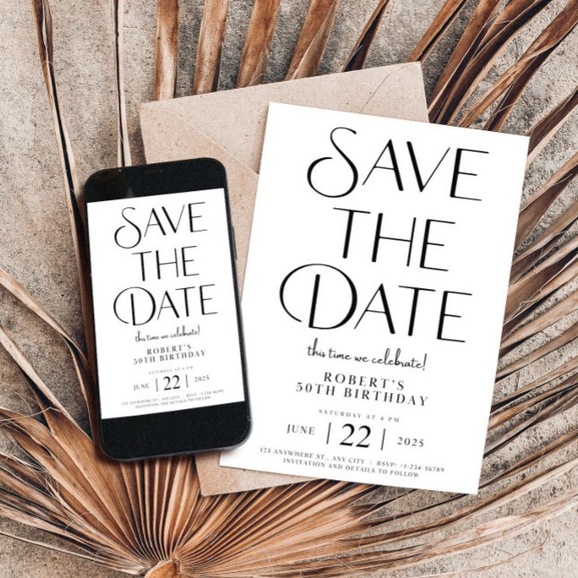Convites Guardar a data de aniversário preto e branco 50 (Save The Date Template,Birthday 50th,Modern Invitation,Unique Minimalist Editable Bday,Black  Whith)