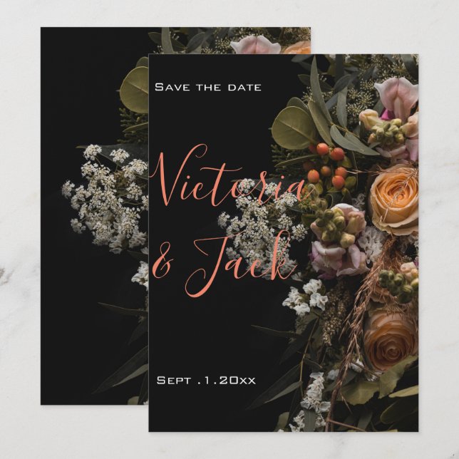 Convites guarde a data moody floral, laranja branco floral (Frente/Verso)