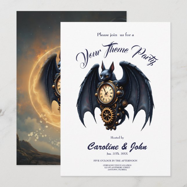 Convites Guardião do Tempo ao Luar – Morcego Steampunk (Frente/Verso)