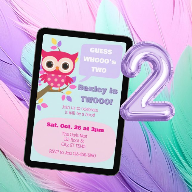 Convites Guess Who's Two, Pink Owl 2nd Birthday (Criador carregado)