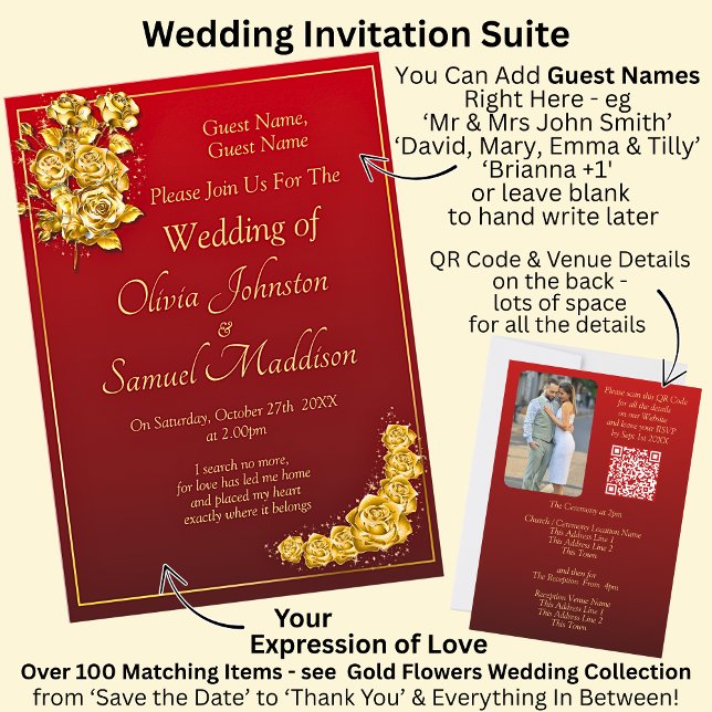 Convites Guest Names, Gold Roses Maroon Red Wedding (Criador carregado)