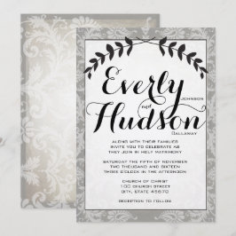 Convites Guirlanda de Caligrafia Damask Marrom Papel Casame
