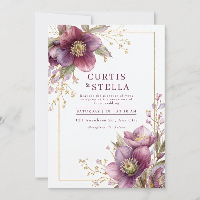 Convites Guirlanda de casamento com brilho dourado e helébo (Frente)