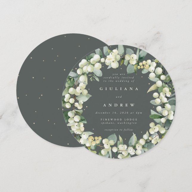 Convites Guirlanda de casamento Round Green Snowberry + Euc (Frente/Verso)