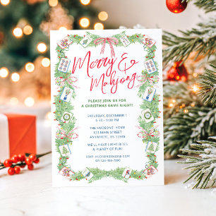 Convites Guirlanda de Natal de Mahjong e Alegre com Aquarel