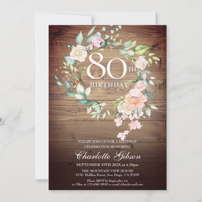 Convites Guirlanda de Rosas Rústicas com Monograma de 80 An (Frente)