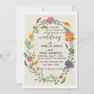 Convites Guirlanda Floral Boho e Penas Casamento Rústico