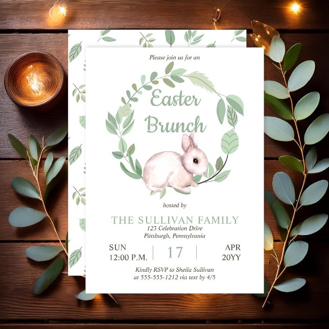 Convites Guirlanda Floral Coelho Coelho de Páscoa  (Cute Easter Bunny Rabbit and Eucalyptus Wreath Sage Green "Easter Brunch" Invitation - Print | Digi)