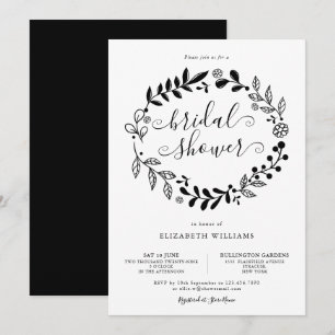 Convites Guirlanda Floral Preto e Branco para Chá de Noiva