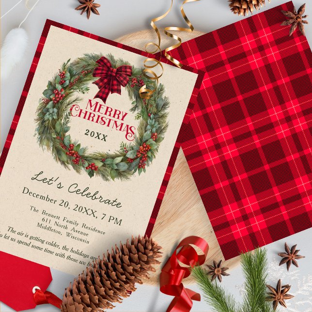 Convites Guirlanda Xadrez Búfalo Vermelho Festa de Natal (Criador carregado)
