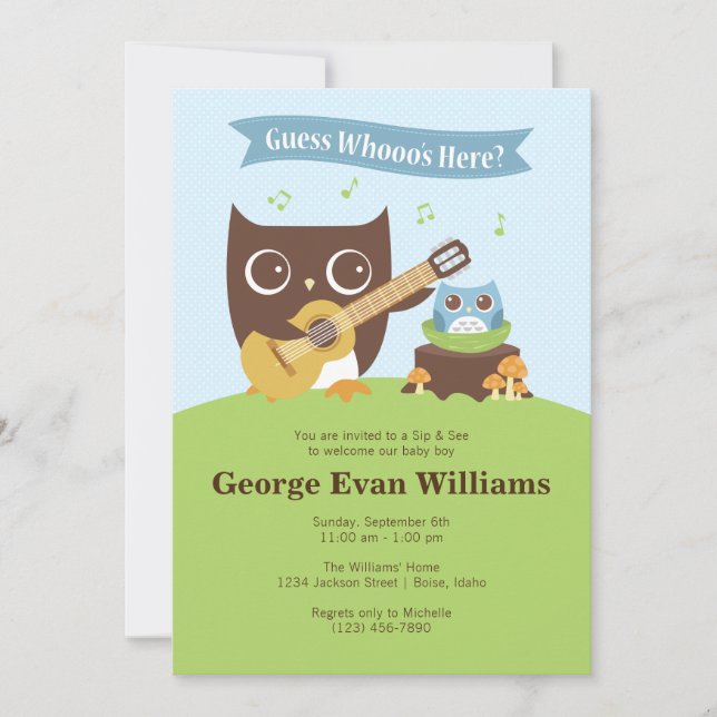 Convites Guitar Owl Sip and See Baby Boy Invitation (Frente)