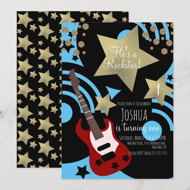 Convites Guitarra de Rockstar Boys Falsa Estrela Dourada Fe (Frente/Verso)