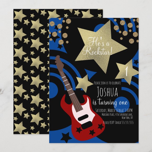 Convites Guitarra de Rockstar para Meninos Falsa Estrela Do (Frente/Verso)