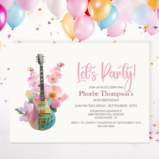 Convites Guitarra Elétrica Boho Rosa Floral Aniversário de  (Criador carregado)