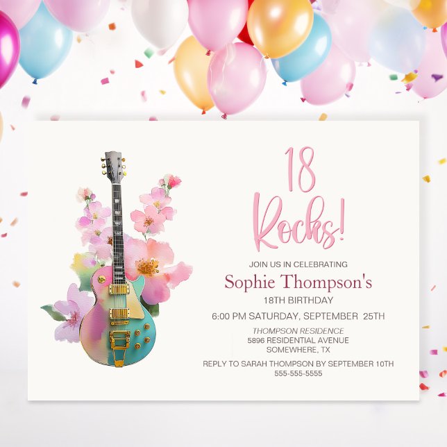 Convites Guitarra Elétrica Boho Rosa Floral Aniversário de  (Criador carregado)