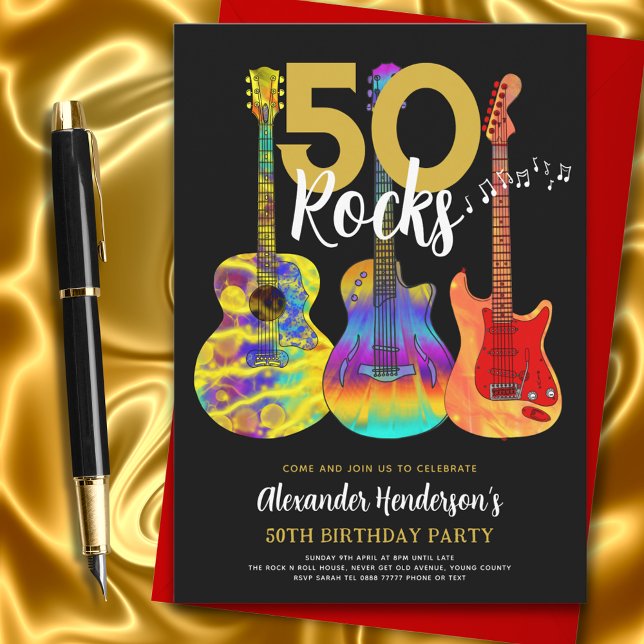 Convites Guitarra Preto e Dourado festa de 50º aniversário (50 rocks colorful guitar black and gold 50th Birthday party invitation music theme)