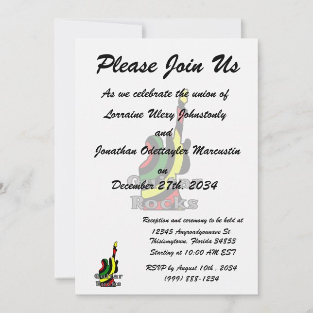 Convites guitarra rocha texto rasta segurando energia elétr (Frente)