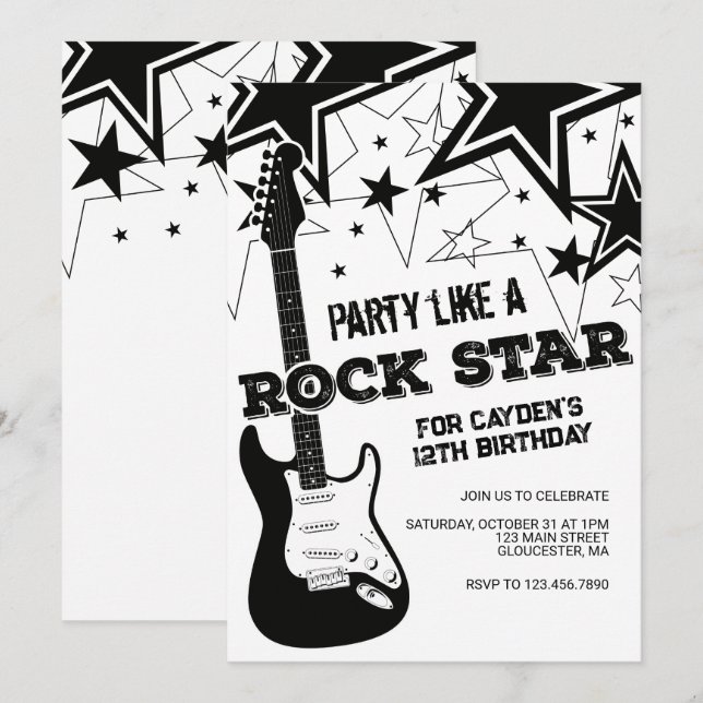Convites Guitarra Rockstar preto e branco de aniversário (Frente/Verso)