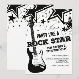 Convites Guitarra Rockstar preto e branco de aniversário