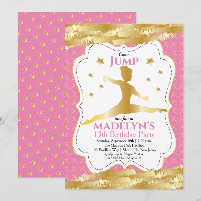 Convites Gymnast Pink | Dourada Festa de aniversário Garota (Frente/Verso)