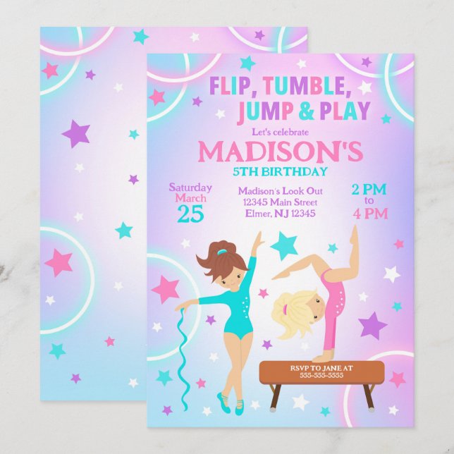 Convites Gymnastics Birthday Invitation Gymnastics Party (Frente/Verso)