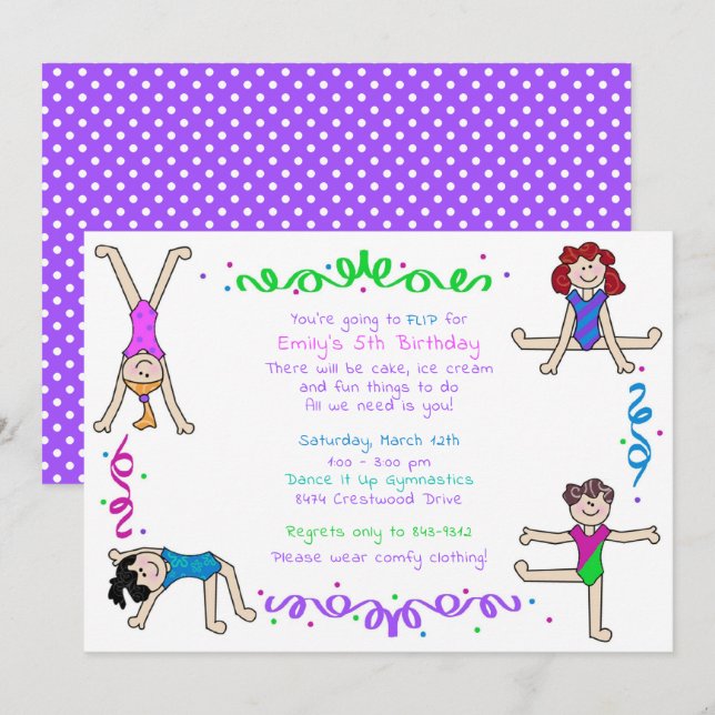 Convites Gymnastics Girls Tumbling Party Gymnast Kids (Frente/Verso)