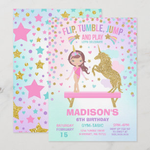 Convites Gymnastics Invitation Unicorn Gymnastics Party