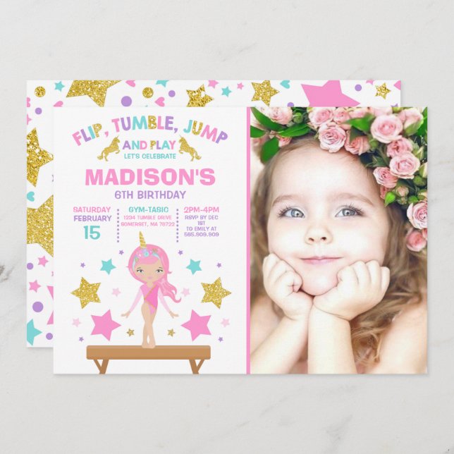 Convites Gymnastics Invitation Unicorn Gymnastics Party (Frente/Verso)