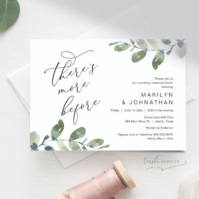 Convites Há mais antes, Janto de ensaio de casamento (There's More Before, Romantic Rehearsal Dinner Invitation Card, Greenery Eucalyptus. Downloadable)