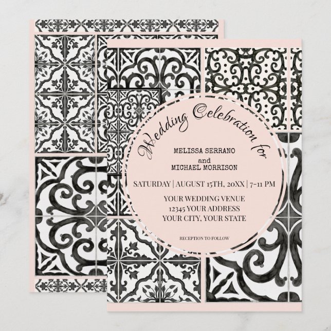 Convites Hacienda Azulejo Black White Blush Casamento Moder (Frente/Verso)