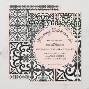 Convites Hacienda Azulejo Black White Blush Casamento Moder