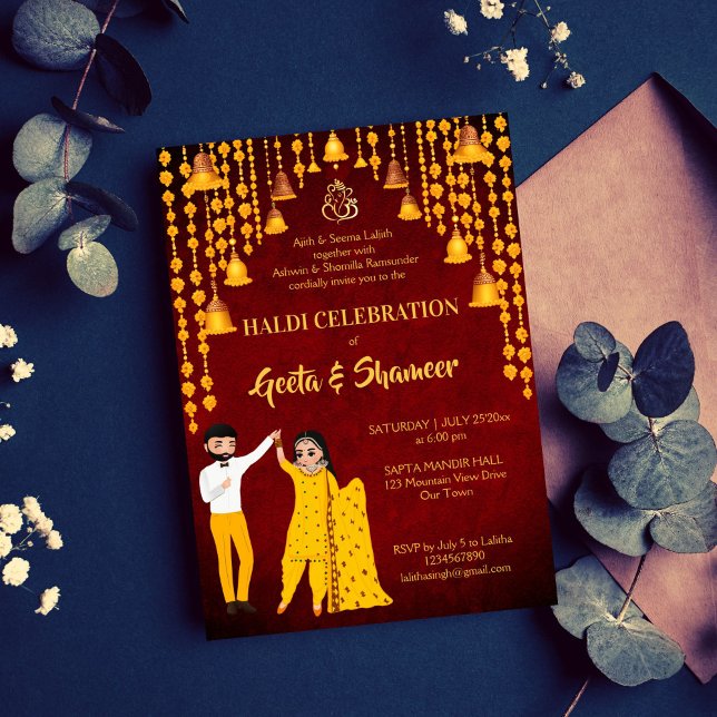 Convites Haldi Mehndi Sangeet Indian Maroon amarelo (Haldi Mehndi Sangeet Indian wedding maroon yellow bell garlands bridal couple cartoon Invitation)