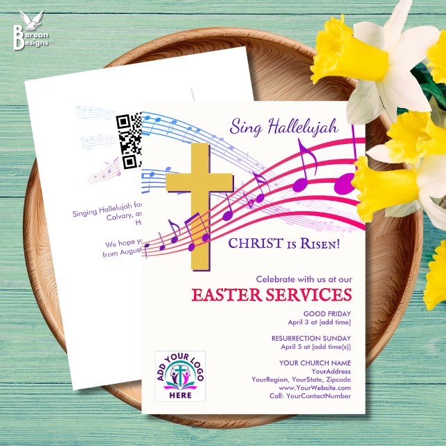 Convites HALLELUJAH CHRIST IS RISEN QR Logo Church Easter  (Modern SING HALLELUJAH CHRIST IS RISEN Easter Church invitation with custom logo and QR code.)