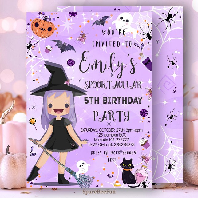 Convites Halloween Aniversário de Festa de Figurino Raparig (Halloween,pumpki,Birthday invites,Invitation,Costume Party,Girl Witch Halloween,Birthday Party,Spook)