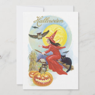 Convites Halloween Antigo, Bruxa Voadora com um Gato Preto