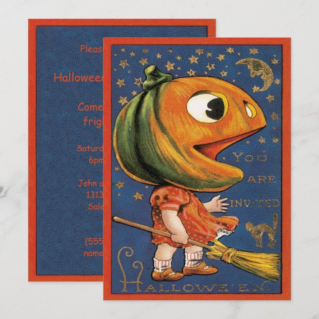 Convites Halloween Antigo, Fantasia de Cabeça de Abóbora Gi (Frente/Verso)