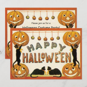 Convites Halloween Antigo, Gatos Pretos com Jackolanterns