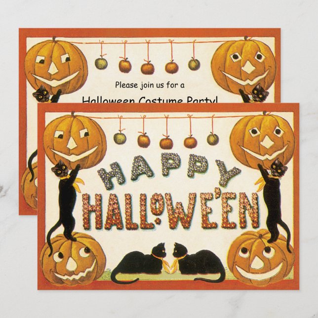 Convites Halloween Antigo, Gatos Pretos com Jackolanterns (Frente/Verso)