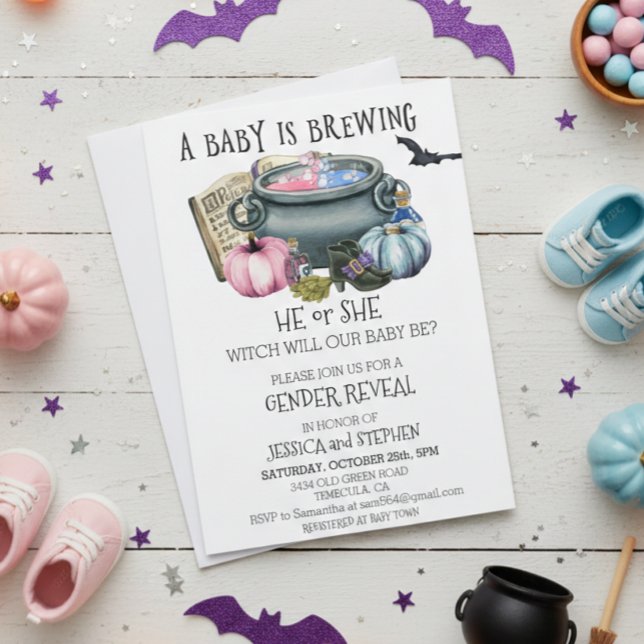 Convites Halloween Baby Brewing Revelação do Sexo da Bruxa  (Criador carregado)