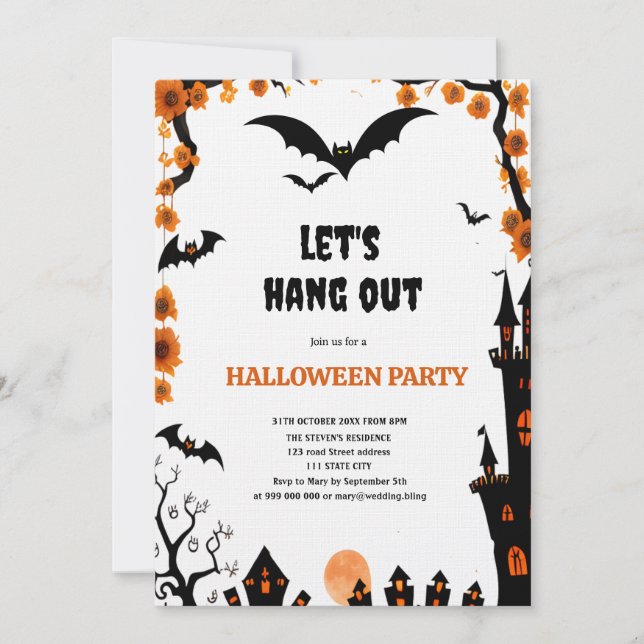 Convites Halloween Bat let's hang out Halloween party (Frente)