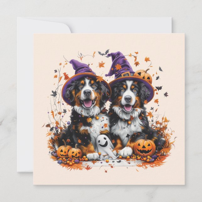 Convites Halloween Bernese Mountain Dogs Witch Ghost (Frente)