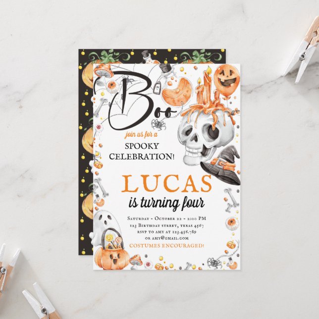 Convites Halloween Birthday Black Orange Watercolor (Frente/Verso In Situ)